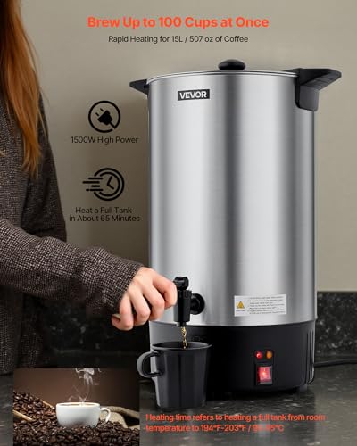 Commercial Coffee Urn 100 Cups 15L Hot Beverage Dispenser with Dripless Faucet - Stainless Steel