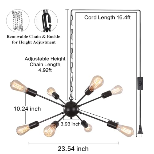 LASENCHOO 8 Lights Black Plug-in Chandelier with E26 Bulb Compatibility - Modern Sputnik Pendant Light Fixture