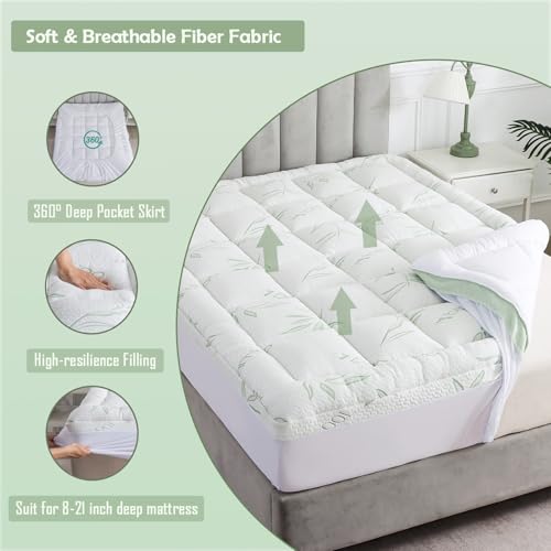 Green King Mattress Topper with Deep Pocket - Bamboo Viscose Pillow Top, 8-21 Inch Fit