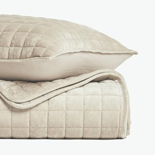 RECYCO King Size Velvet Quilt Set Beige 108" x 96" Channel Box Stitch Luxury Bedding