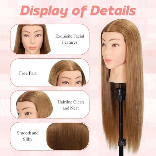 Mannequin Head Human Hair, 80% Real Hair Cosmetology Manikin Head for Practice Braiding Hairstyling Cutting with Free Clamp Holder and Tools (Light Brown)