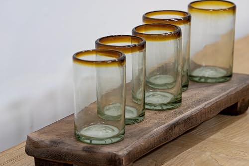 MexHandcraft Amber Rim 14 oz Drinking Glasses Set of 6 - Handblown Recycled Lead-Free Tumbler
