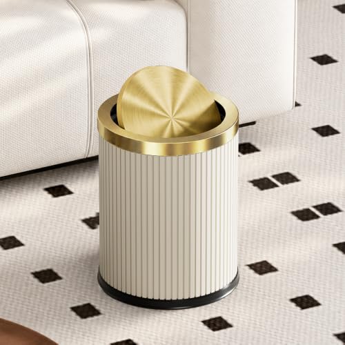 White Gold Bathroom Trash Can with Flipping Lid - 15L/4 Gallon Modern Waste Bin with Steel Cover, Lid, and Durable PU Leather Finish - Variation: 15L White