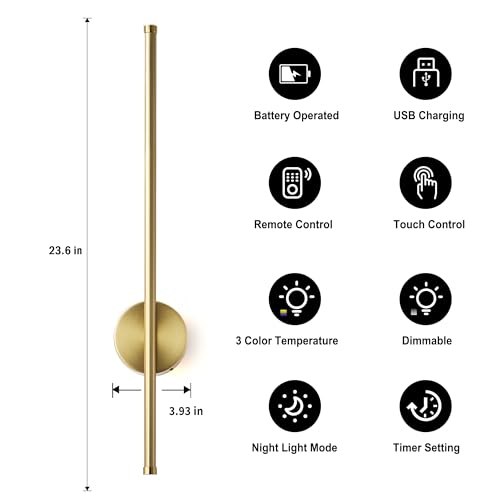 KARTOOSH Wireless Wall Sconce Set of Two, 23.6 Inch Brass Modern Battery-Operated Lighting