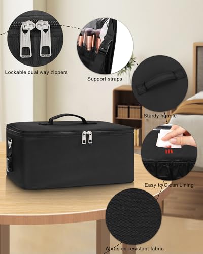 Large Makeup Bag Organizer with Adjustable Dividers - Black, Professional Cosmetic Storage Case
