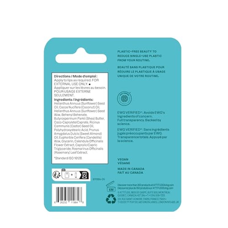 ATTITUDE Plastic-free Lip Balm, EWG Verified Plant- and Mineral-Based Ingredients, Vegan and Cruelty-free Personal Care Products, Unscented, 0.3 Oz (Pack of 2)