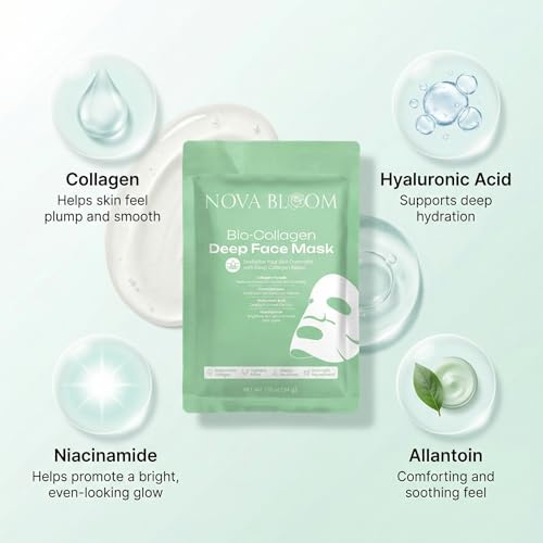 Nova Bloom Bio-Collagen Deep Overnight Mask ? Hydrating Hydrogel Face Mask for Korean Glass Skin Glow ? Low Molecular Collagen, Niacinamide & Hyaluronic Acid ? Pore Refining & Anti-Aging (Pack of 15)