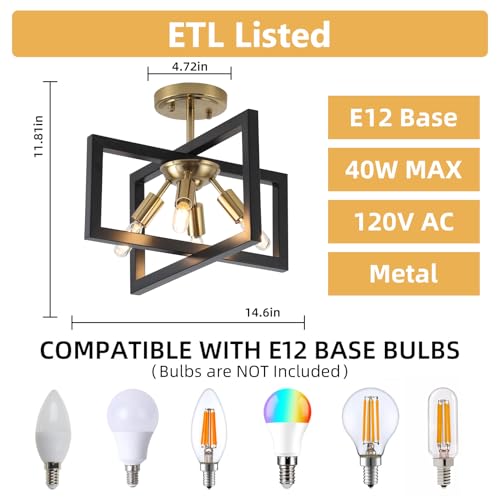 Black and Gold Semi-Flush Mount Ceiling Light - Modern Industrial Fixture with 4 Candles