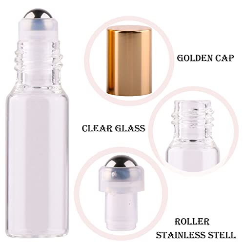 MaxMau 100 Pack 5ml Clear Glass Essential Oil Roller Bottles with Stainless Steel Balls & Gold Lids - Travel & Sample Size