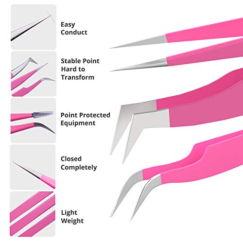 SIVOTE Volume Lash Tweezers for Eyelash Extensions ? Professional Stainless Steel Straight & Curved Tips ? Precision Lash Extension Tweezers Set for Volume & Classic Lashes (Pack of 3, Pink)