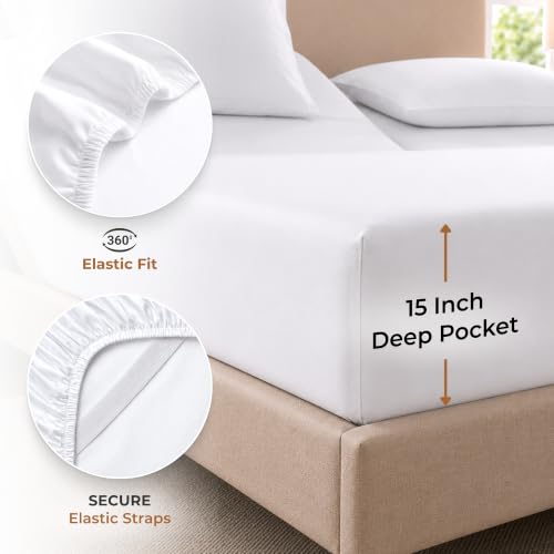King Split Head Flex Top Bed Sheet Set - 100% Egyptian Cotton, 600 Thread Count, Adjustable Fit - White Solid (34 Inch Split) - 4 Piece
