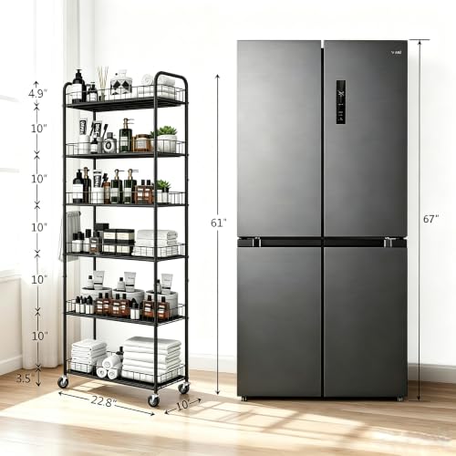 10in Black 6-Tier Slim Rolling Storage Cart with Metal Wheels - Space Saver