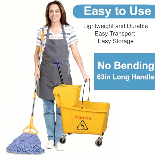 HiBaBy Commercial Mop Bucket & Blue Microfiber Mop Set with Yellow 35-Quart On Wheels