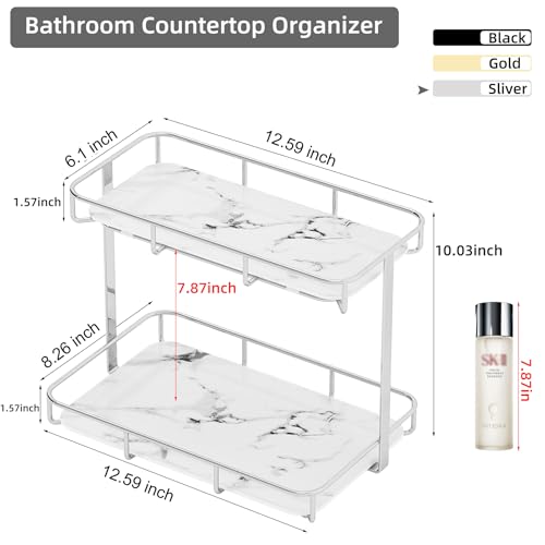 Dobbyby 2 Tier XL Silver Bathroom & Makeup Organizer - Marble Ceramic Tray