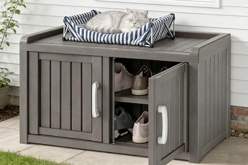 NBYSGO Classic Grey Waterproof 2-Tier Outdoor Shoe Storage Bench with Double Doors