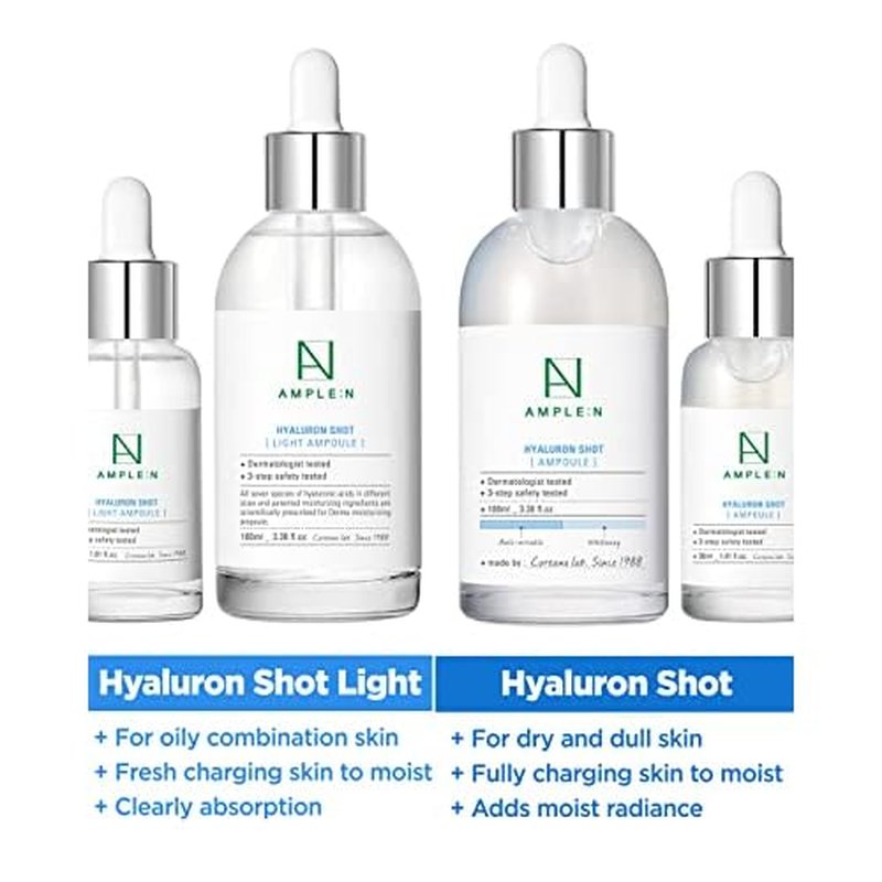 AMPLE:N Hyaluron Shot Light Serum - Korean Hyaluronic Acid Moisturizing Serum - Hydrate Oily and Combination Skin and Restore Vitality ? Plumping, Refreshing, Anti Aging Ampoule, 3.38 fl.oz.