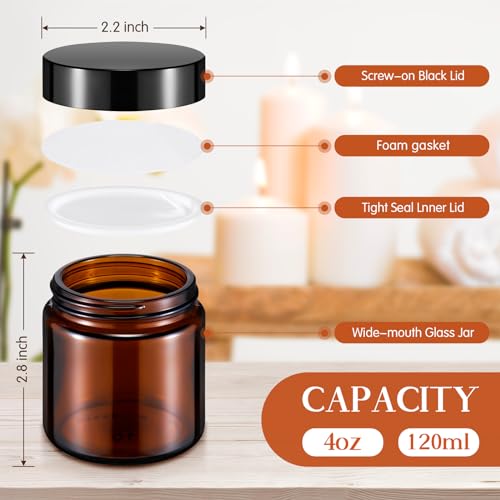Norme 64 Pack 4 oz Glass Storage Jars with Black and Amber Lids - Reusable Cosmetic & Spice Containers