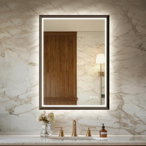 22x30 Inch Black LED Bathroom Mirror with Light Frame - Shatterproof & Modern