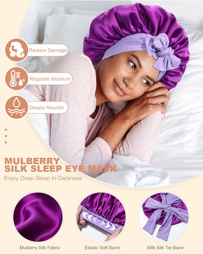 2 Pack Reversible Mulberry Silk Sleep Bonnet for Women - Dark Purple + Light Purple