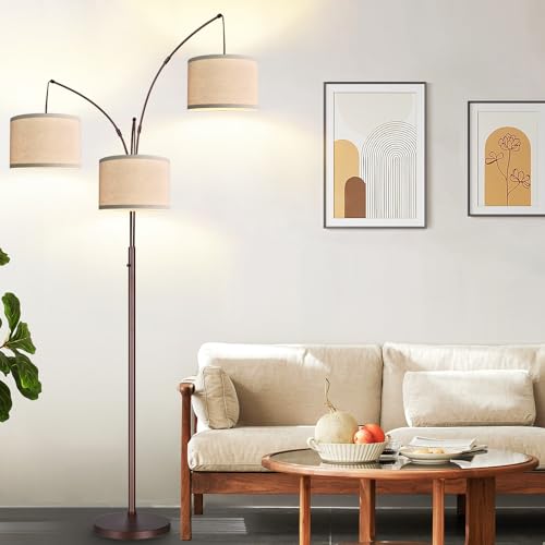 Dimmable Arc Floor Lamp with Beige Linen Shade - 3 Lights Tall Standing Lamp for Living Room Bedroom Office - Brown Beiged Variation