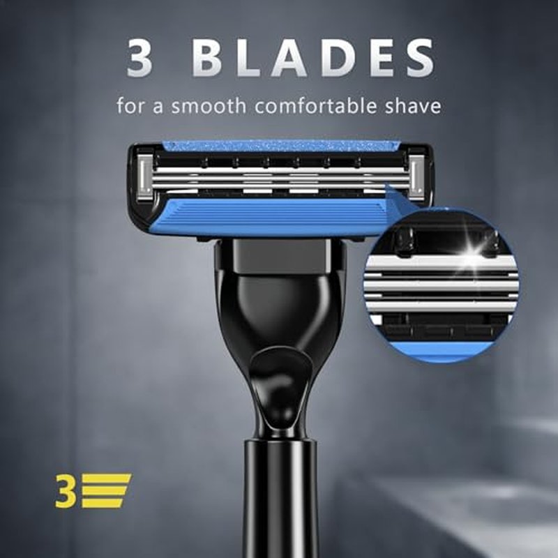 3-Blade Men Razor with Lubricating Strip & Pivoting Head - Safety Razor Blades Kit Includes 2 Handles, 12 Razor Blade Refills, Wall Hook & Cleaning Brush