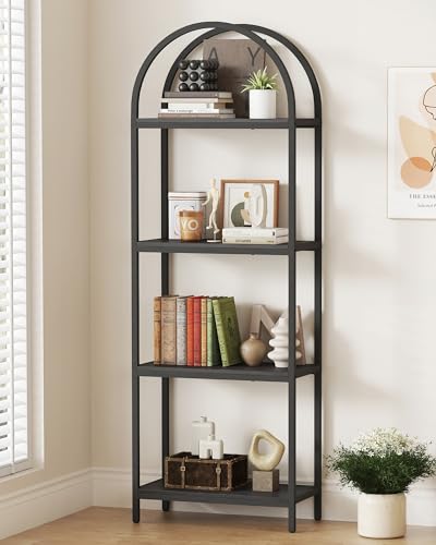Black 4-Tier Arched Bookcase - Industrial Open Shelving Unit, 71.3" Tall