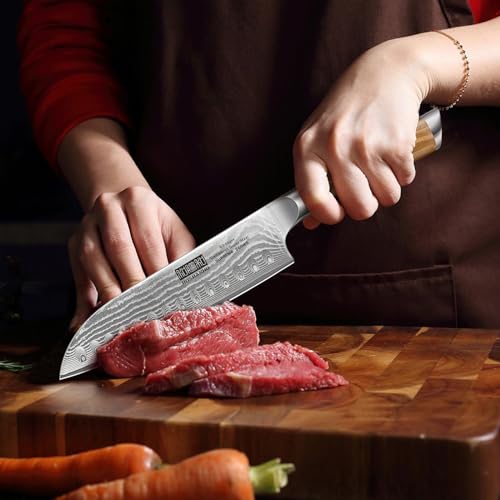 7.1 Inch Damascus Santoku Knife with Ergonomic Olive Wood Handle - Sharp Chef Knife