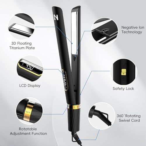 Nicebay Titanium Flat Iron Hair Straightener & Curler 2-in-1, Fast Heating, LCD Display