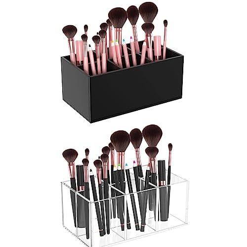 HIIMIEI Black Makeup Brush Holder Organizer Acrylic 6-Slots Cosmetic Brushes Storage Organizer for Vanity Countertop