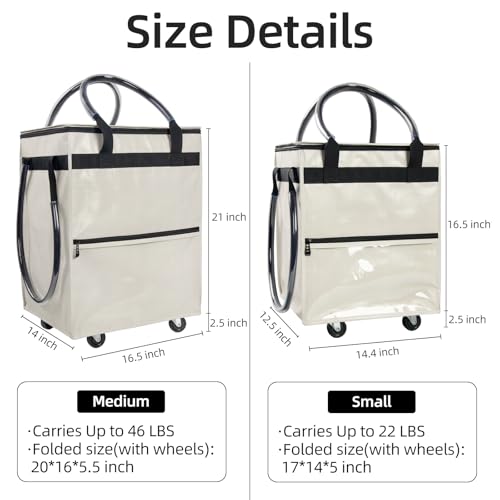 Beige Medium Reusable Grocery Bag on Wheels Folding Rolling Tote - Durable & Spacious