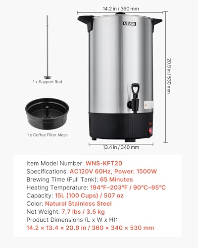 Commercial Coffee Urn 100 Cups 15L Hot Beverage Dispenser with Dripless Faucet - Stainless Steel
