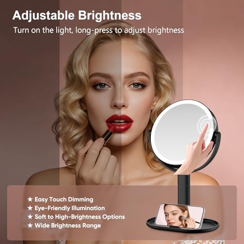 Lighted Makeup Mirror with 10X Magnification, Rechargeable LED Magnifying Vanity Mirror with 3 Lights, Adjustable Height, Storage Base and Phone Holder, Gifts for Women, Black, 7 inch