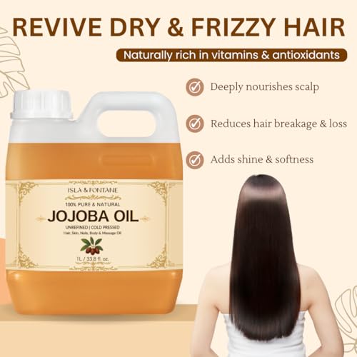 ISLA & FONTANE Jojoba Oil ? 1L (33.8 fl oz) | 100% Pure & Natural | Golden, Unrefined, Cold Pressed | Hexane-Free Carrier Oil for Skin, Hair, Face, Nails & Body Moisturizing