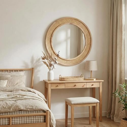 Nature 24 Inch Round Rattan Wall Mirror Farmhouse Wooden Vanity Mirror