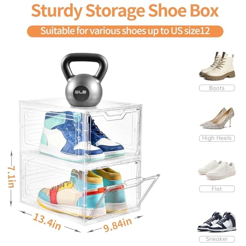 12 Pack Clear Shoe Storage Organizer with Magnetic Front Door - Size 12, Stackable Shoe Boxes