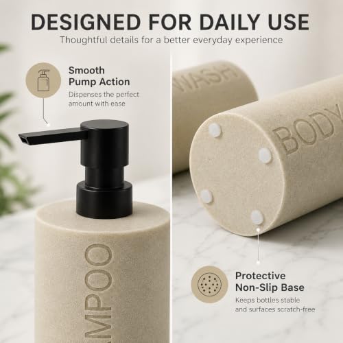 Tan Refillable Resin Shampoo & Body Wash Dispenser Set with Matte Pump Top – Durable Bathroom Accessory