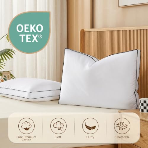Queen Size Goose Feather Down Pillow Set of 2 - Soft Fluffy Medium Firm Bed Pillows for Sleep - White / Queen
