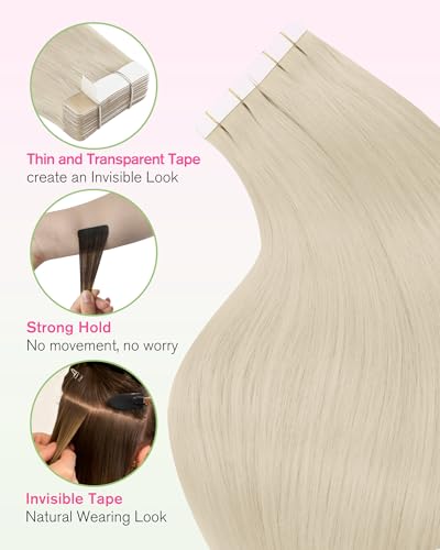 YoungSee Blonde Tape-In Hair Extensions Platinum Blonde 20pcs 14 Inch - Lightweight Human Hair