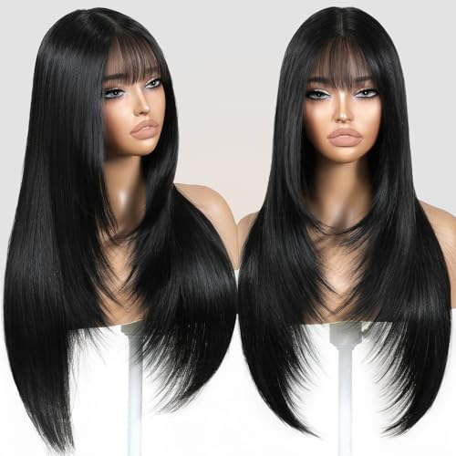 Black 26-Inch Layered Wig with Bangs for Women - Natural Straight Style