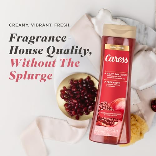 Caress Tahitian Pomegranate & Coconut Milk Exfoliating Body Wash 20oz - Long-Lasting Fragrance & Hydration - 4 Pack