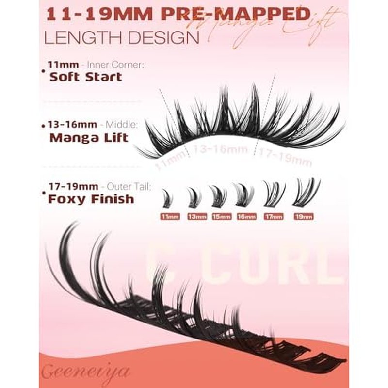 Geeneiya Manga Lash Clusters Kit, 11-19mm Fox Eye Lash Extension Kit, C Curl Left & Right Cat Eye Lashes, DIY Cluster Eyelash Extension Kit with Lash Bond and Seal Lash Tweezers for Beginners