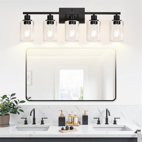 Indoi 5-Light Matte Black Bathroom Vanity Light with Clear Glass Shades – Modern Wall Lamp (Matte Black & Clear Glass)