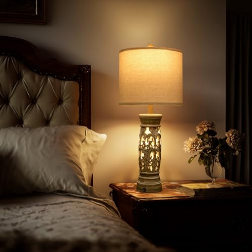 27.25-Inch Farmhouse Table Lamps Set of 2 with Night Light - Rustic Distressed Wood Finish