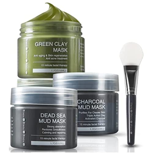 3-Set Charcoal & Dead Sea Mud Face Mask Trio with Applicator - Hypoallergenic, pH Balanced