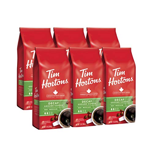 Decaf Medium Roast Ground Coffee - Tim Hortons, 12 oz Pack of 6, Smooth & Balanced