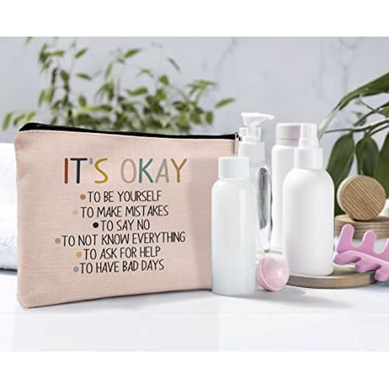 It's Okay to Be Yourself Mental Health Makeup Cosmetic Bag£¬Motivational Self Care Linen Makeup Travel Toiletry Bag, Boho Inspirational Art Cosmetic Bag Gifts For Teen Girls Teens Counselor