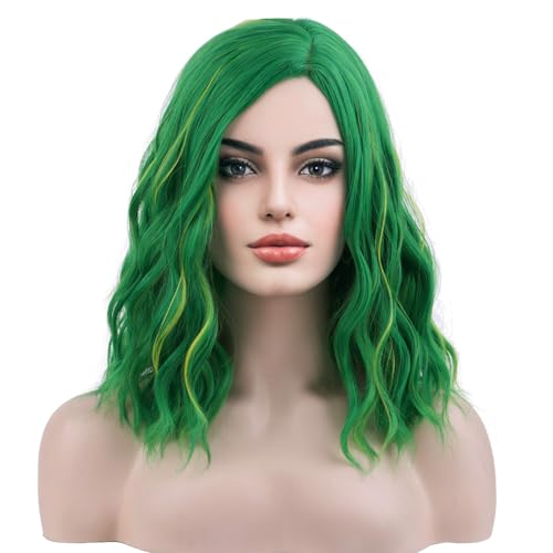 Green Short Curly Wig with Wig Cap - 14 Inch Synthetic Bob Hair for Women