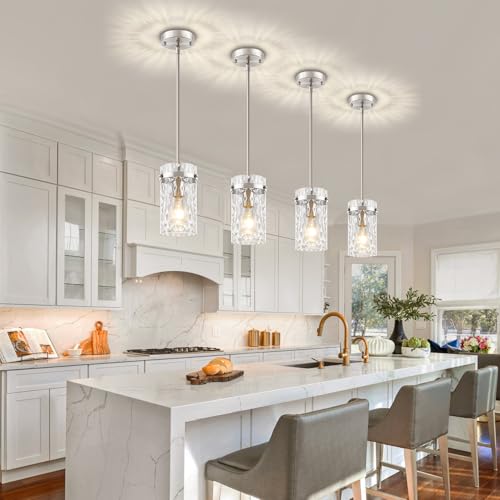 2 Pack Modern Brushed Nickel Pendant Lights with Handblown Hammered Glass