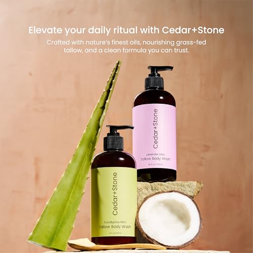 Cedar + Stone Clean Body Wash with Grass-Fed Tallow ? Sulfate-Free Natural Body Wash for Dry, Sensitive Skin ? Eucalyptus & Mint with USDA Organic Oils, 16oz