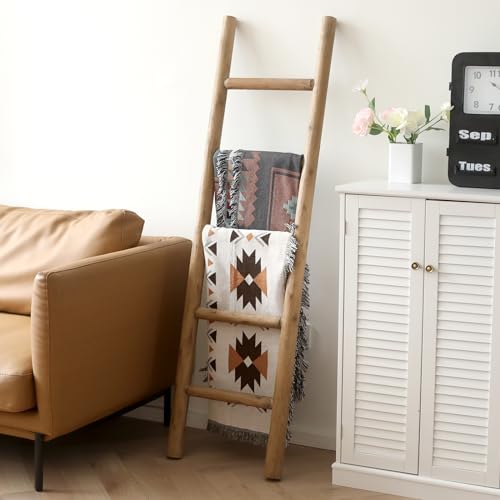 Rustic Solid Wood Blanket Ladder - 57 Inch Farmhouse Decorative Ladder with Brown Finish - Medium Knock Down
